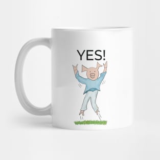 Yes! Jump for joy! Joyful! Pink, Celebrating, elated cute pig.  Job offer, passing exams, passing your driving test. Yes! Mug